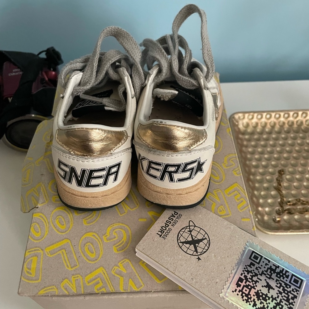 Golden Goose Gold and White Sneakers Casual Athletic Style